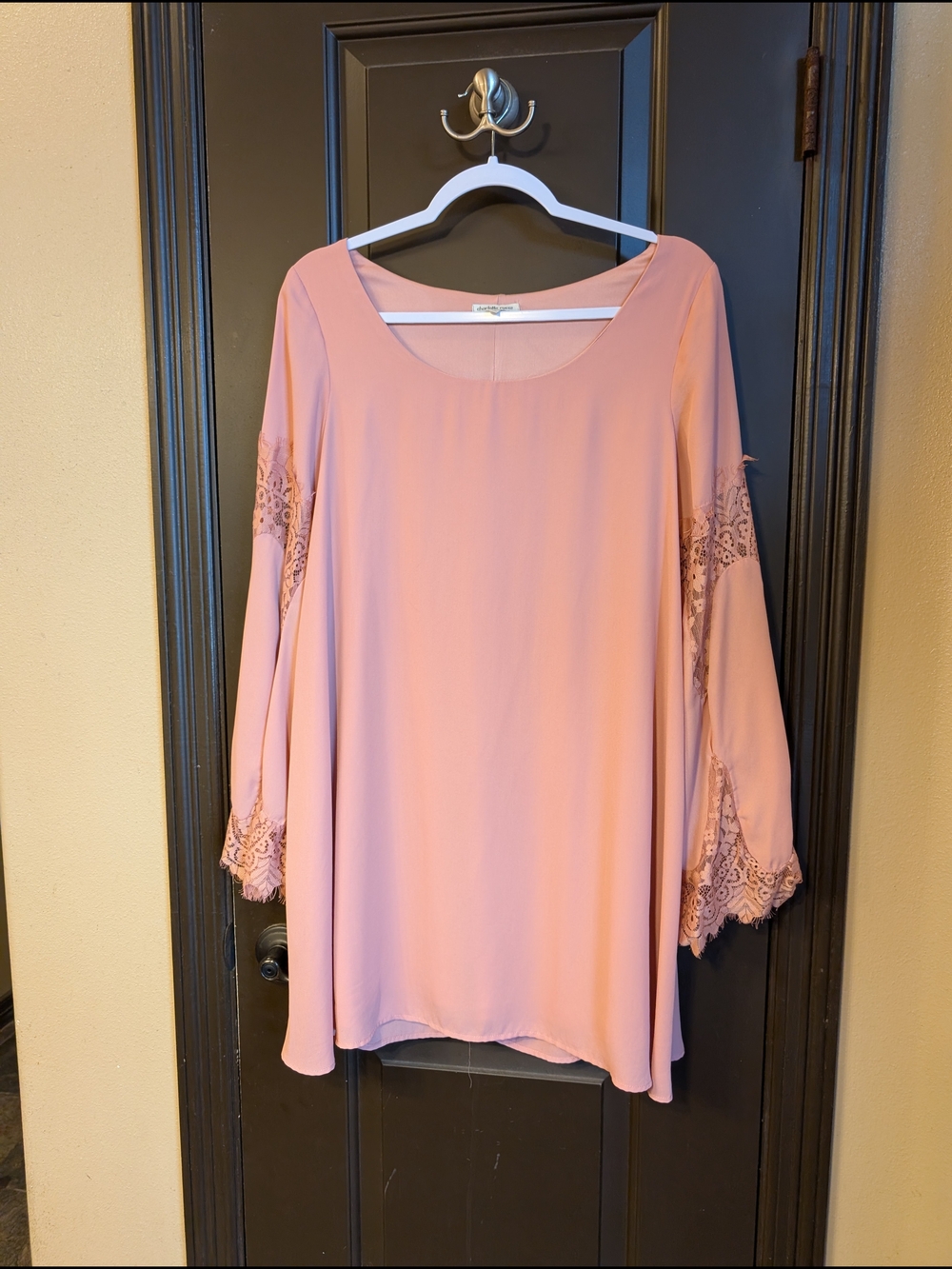 Womens Blush Pink Lace-Sleeve Tunic Top
